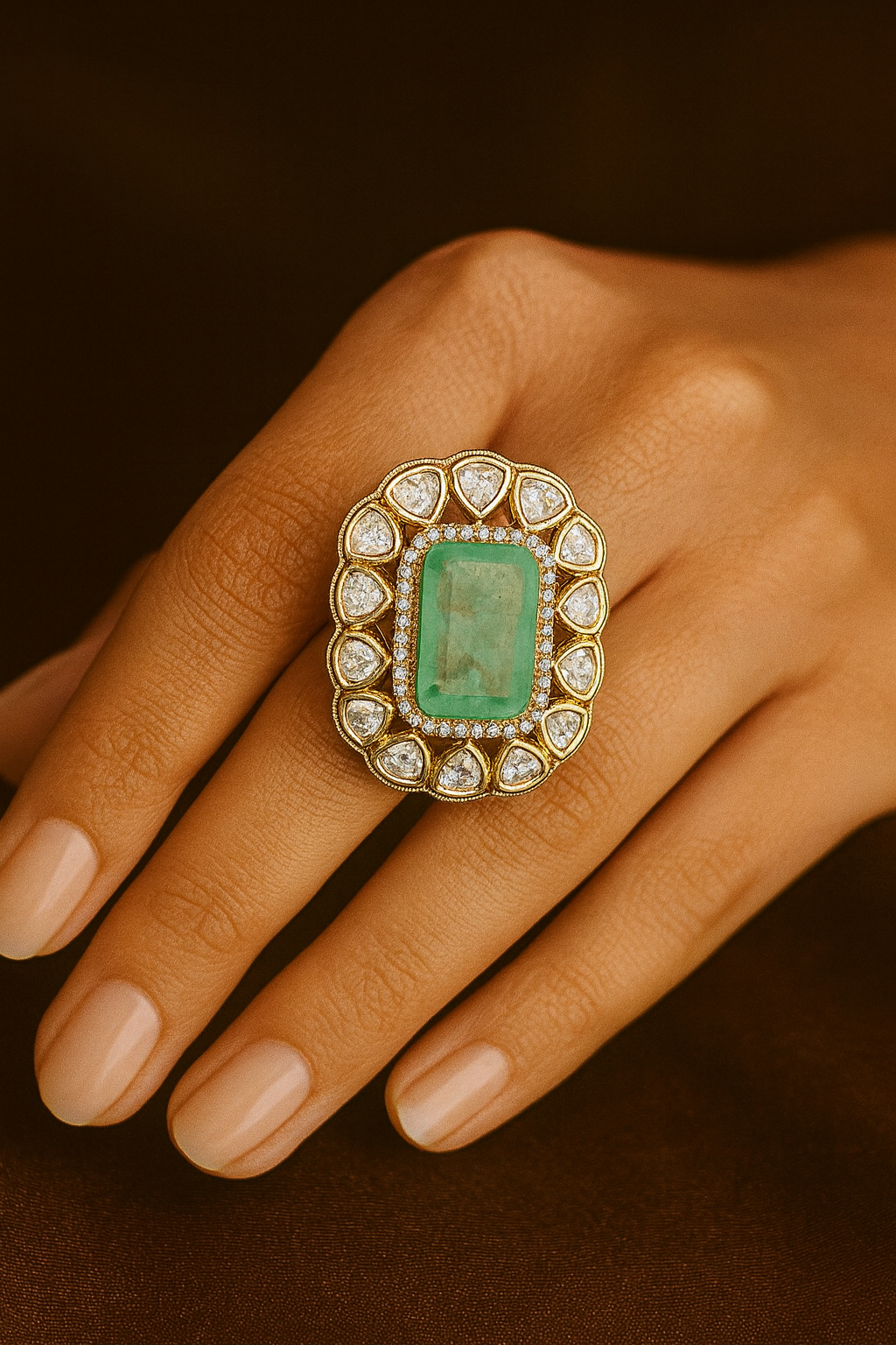 Royal Green Emerald & White Kundan Statement Ring – Adjustable Cocktail Ring